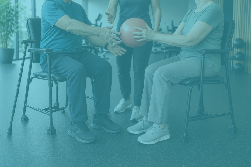 Deux seniors assis sur des chaises adaptées se passent un ballon rose, sous la supervision d’une éducatrice sportive dans une salle de sport.