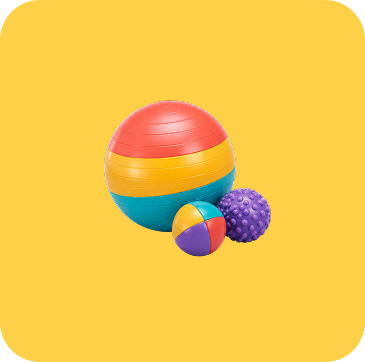 Illustration Activité ludique Trois ballons colorés de tailles et textures différentes, utilisés pour des exercices de motricité et de coordination.