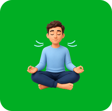Illustration bien être Illustration d’un jeune homme assis en tailleur, les yeux fermés et les mains posées sur les genoux, pratiquant une respiration calme.