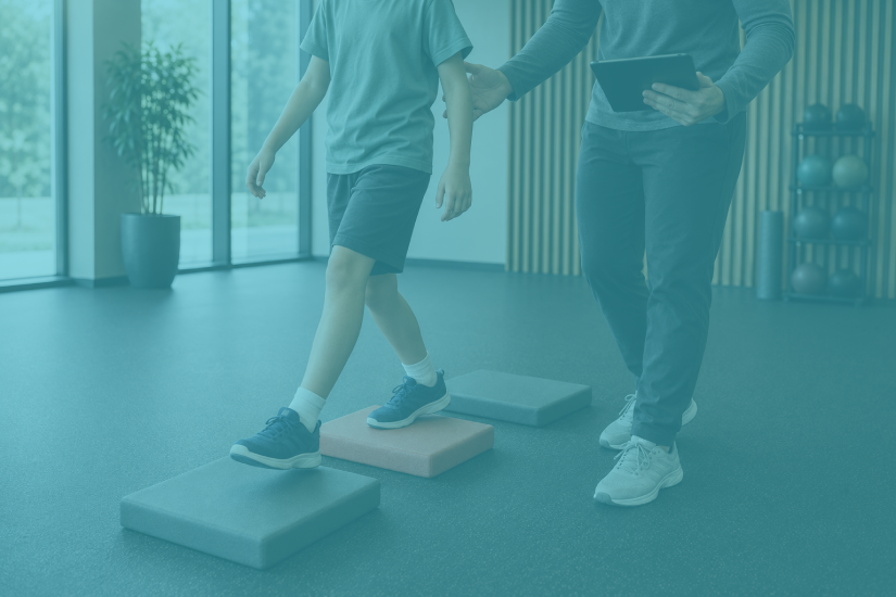 Un enfant réalise un parcours d’équilibre sur des blocs en mousse, accompagné par un professionnel tenant une tablette dans une salle d’activité physique.