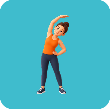 Illustration Échauffement Illustration d’une femme en tenue de sport effectuant un étirement latéral, un bras levé au-dessus de la tête et l’autre posé sur la hanche.
