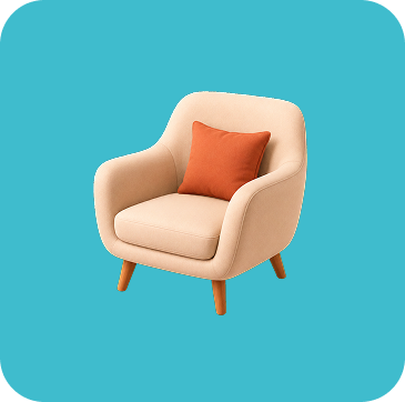 Fauteuil beige aux formes arrondies, avec un coussin orange et quatre pieds en bois.