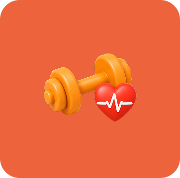 Illustration pour le renforcement musculaire & cardio Illustration d’un haltère orange accompagné d’un cœur rouge avec un tracé cardiaque blanc, symbolisant le renforcement musculaire et l’activité cardiovasculaire.