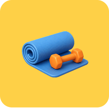 Illustration d’un tapis de sport bleu enroulé avec un haltère orange posé devant.